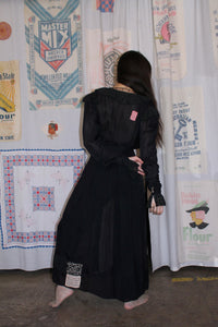 Antique 1930s Black Silk Lace Peignoir Patched by 3 Women