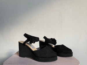 90s Black Leather Peep Toe Wedge Shoes