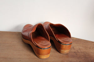 1970s FRYE Brown Leather Wood Clogs Size 8-9