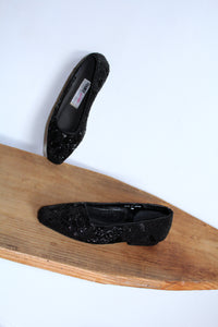 1980s FRANKIE and Baby Beverly Feldman Black Beaded Slip On Loafers -Size 7.5