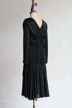 Load image into Gallery viewer, 1980s Black Satin Jersey Gathered Evening Dress with Large Floral Sequin Appliqués