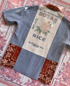 Botan Rice Railroad Stripe Button Up with Bandana Patchwork