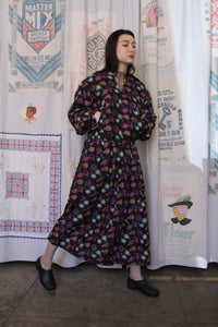 1980s Black Silk Novelty Clock Print Jacket + Skirt Set
