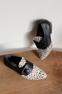 1980s Dalmation Pony Hair & Black Leather Pointed Button Mules - Made in Italy -Size 8