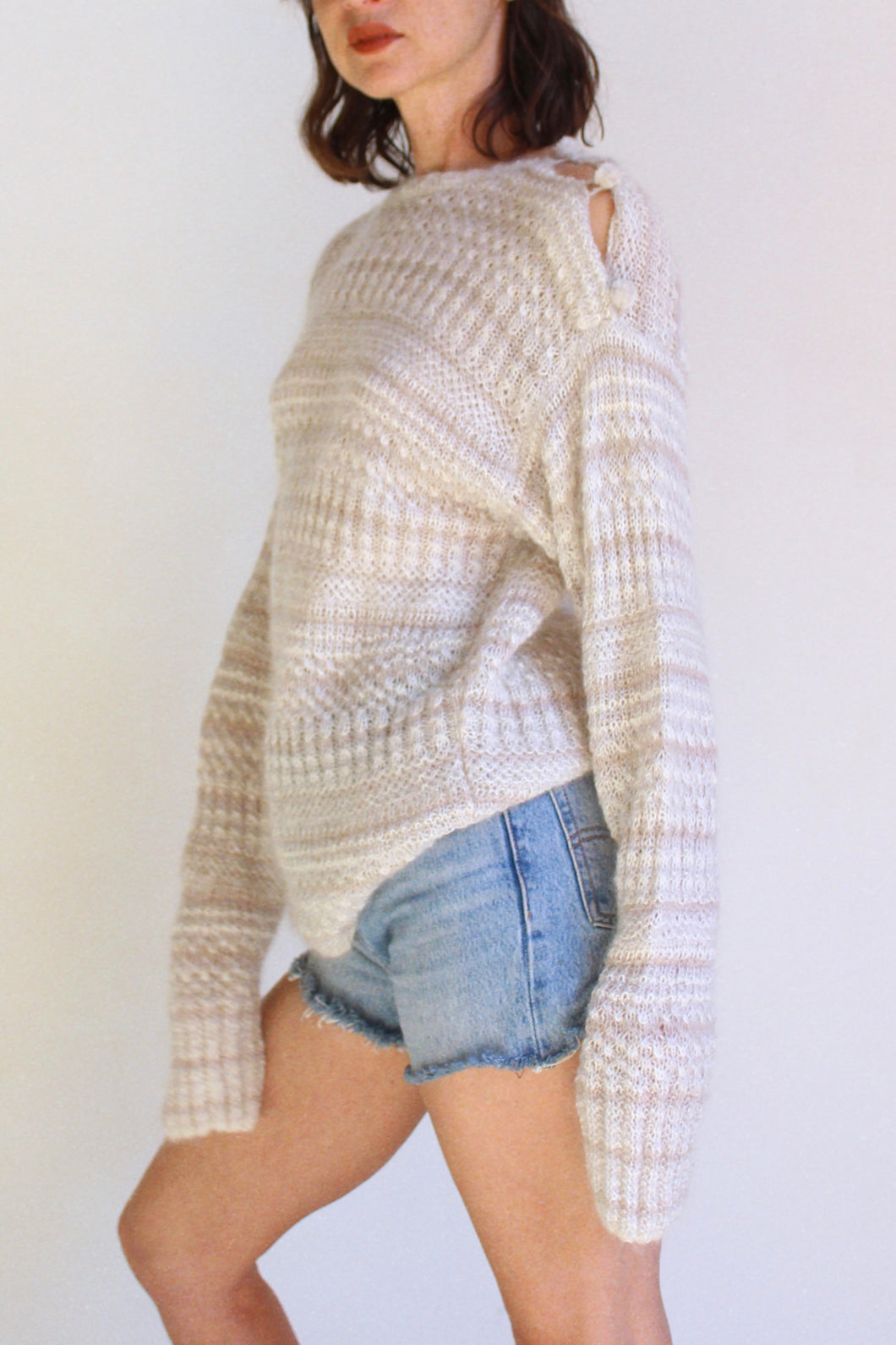 1980s Oatmeal Mohair Sweater with Pom Pom Open Shoulder