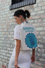 Load image into Gallery viewer, Pink Kokuho Rose + Turquoise Shirayuki Rice Sack Cropped Button-up