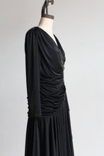 Load image into Gallery viewer, 1980s Black Satin Jersey Gathered Evening Dress with Large Floral Sequin Appliqués