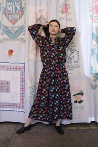 1980s Black Silk Novelty Clock Print Jacket + Skirt Set