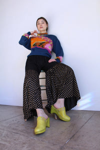 1970s Indian Ruffle Wide Leg Gold Polka Dot Pants