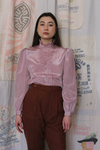 Load image into Gallery viewer, 1970s Shiny Mauve Pink Grid Print Ruffle Collar Blouse