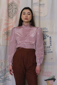 1970s Shiny Mauve Pink Grid Print Ruffle Collar Blouse