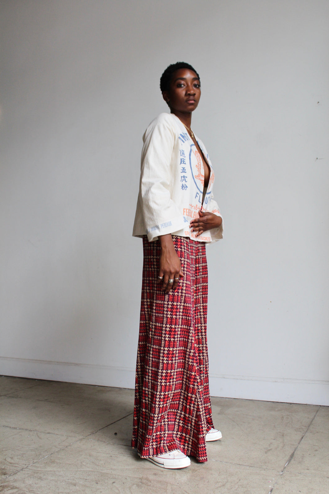 1970s High Waist Houndstooth Knit Wide Leg Trousers