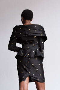 1980s Black Raw Silk Polka Dot 3 Piece Set